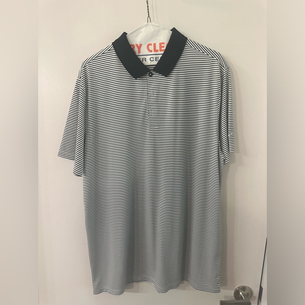 Nike Men Large Black/White Stripped Dri Fit Polo